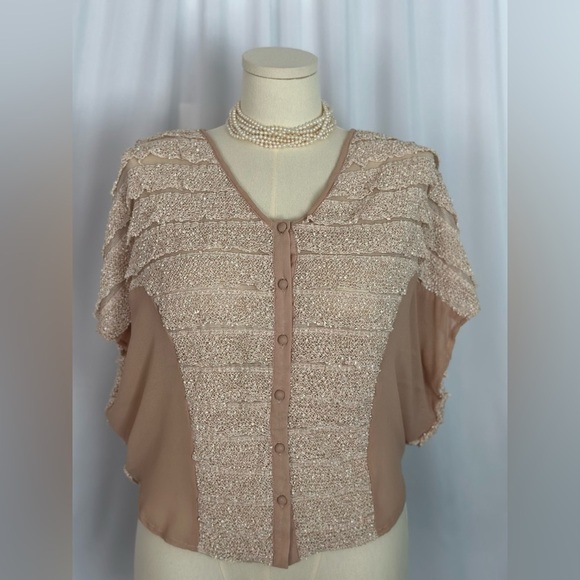 A'Reve Tan Ruffled Smocked Blouse (763) - Picture 1 of 12